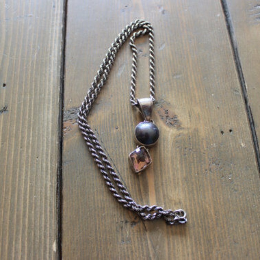 Heavy Sterling Silver Topaz Pearl Rope Necklace
